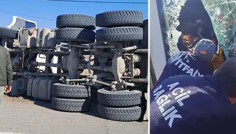 Virajı Alamayan Kamyonun Yan Yattığı Kaza Gündem Oldu!